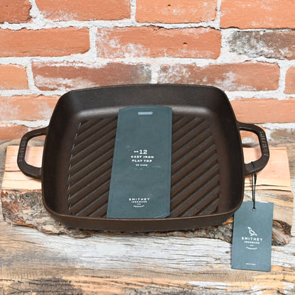 View of Smithey Ironware No. 12 Cast Iron Grill Pan with polished ridges and dual handles