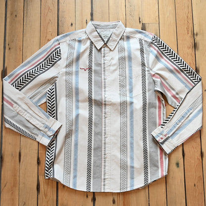 Kimes Ranch Men’s Double Tap Stripe Button-Up Shirt in cream with red, blue, gray, and black vertical stripes
