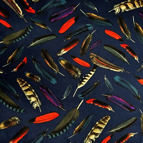 Cowboy Images Charmeuse Feathers Navy Wild Rag 36x36 feather motif on navy charmeuse silk scarf