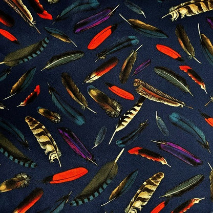 Cowboy Images Charmeuse Feathers Navy Wild Rag 36x36 feather motif on navy charmeuse silk scarf
