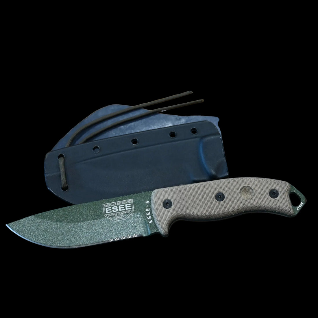 2018 ESEE-5 serrated fixed blade knife with OD green coated blade, micarta handle, and MOLLE sheath