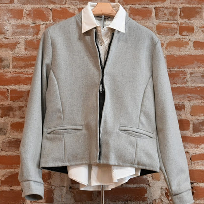 View of Schaefer ladies wool jacket in solid gray, red, or black with western yoke and zip front