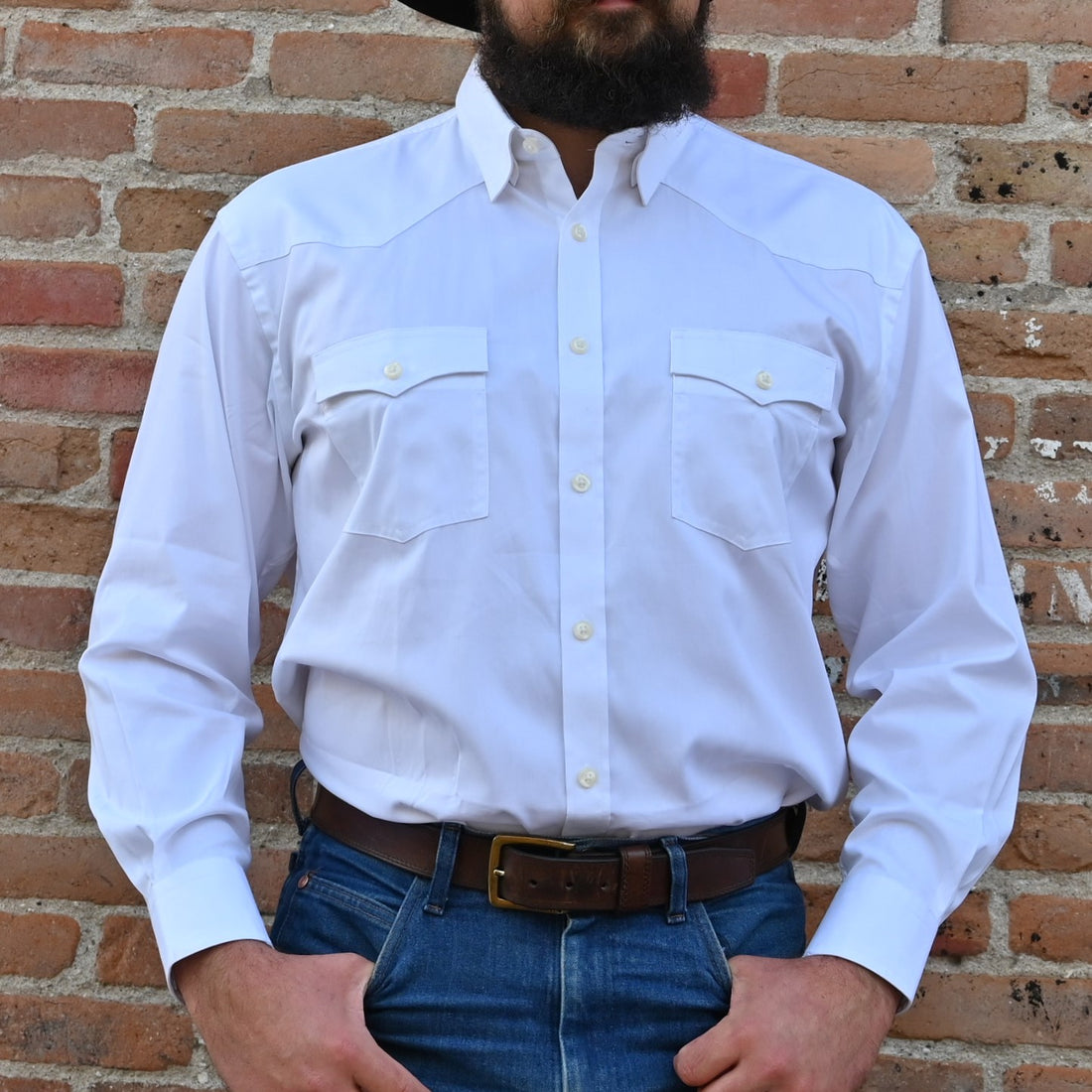View of Schaefer Western pinpoint button-down shirt in blue, white, or charcoal with yokes