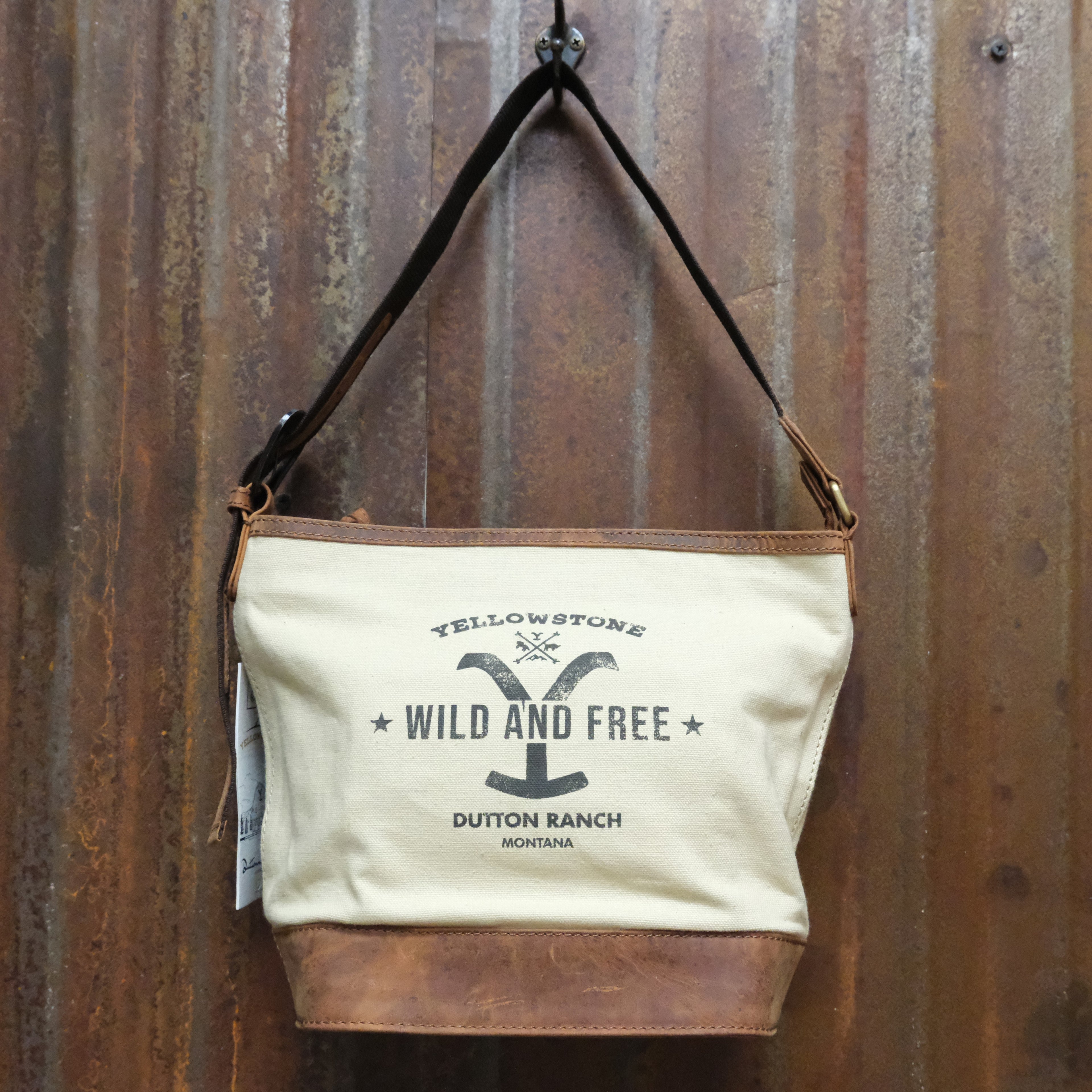 Myra Yellowstone Ivory Dominion printed canvas shoulder bag with leather trim and shoulder strap