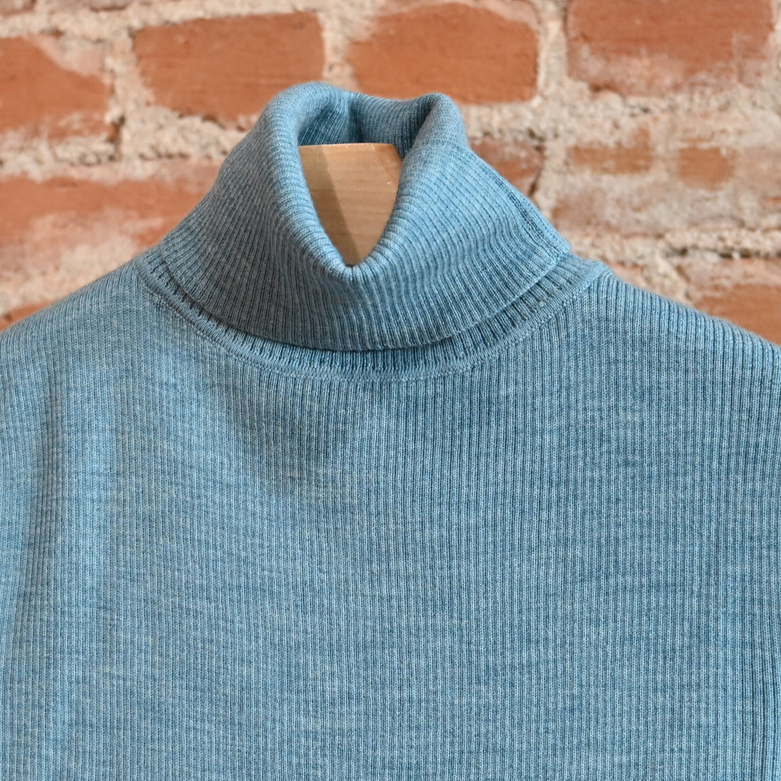 View of Pendleton ladies ribbed merino turtleneck in Atlantic Blue Heather