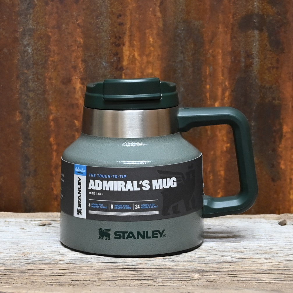 Stanley 20 oz Admiral’s Mug in Hammertone Green with wide base and lid