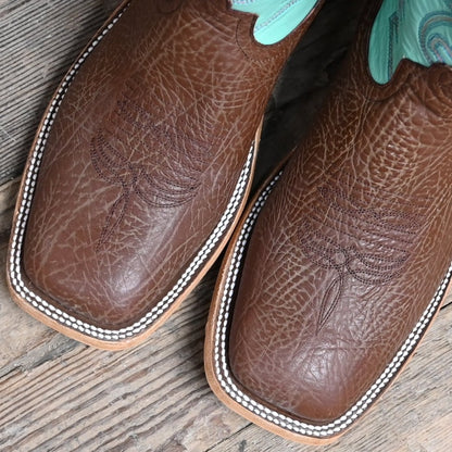 View of Anderson Bean 13&quot; roper boot with teal top, brown vamp, square toe, and pull straps