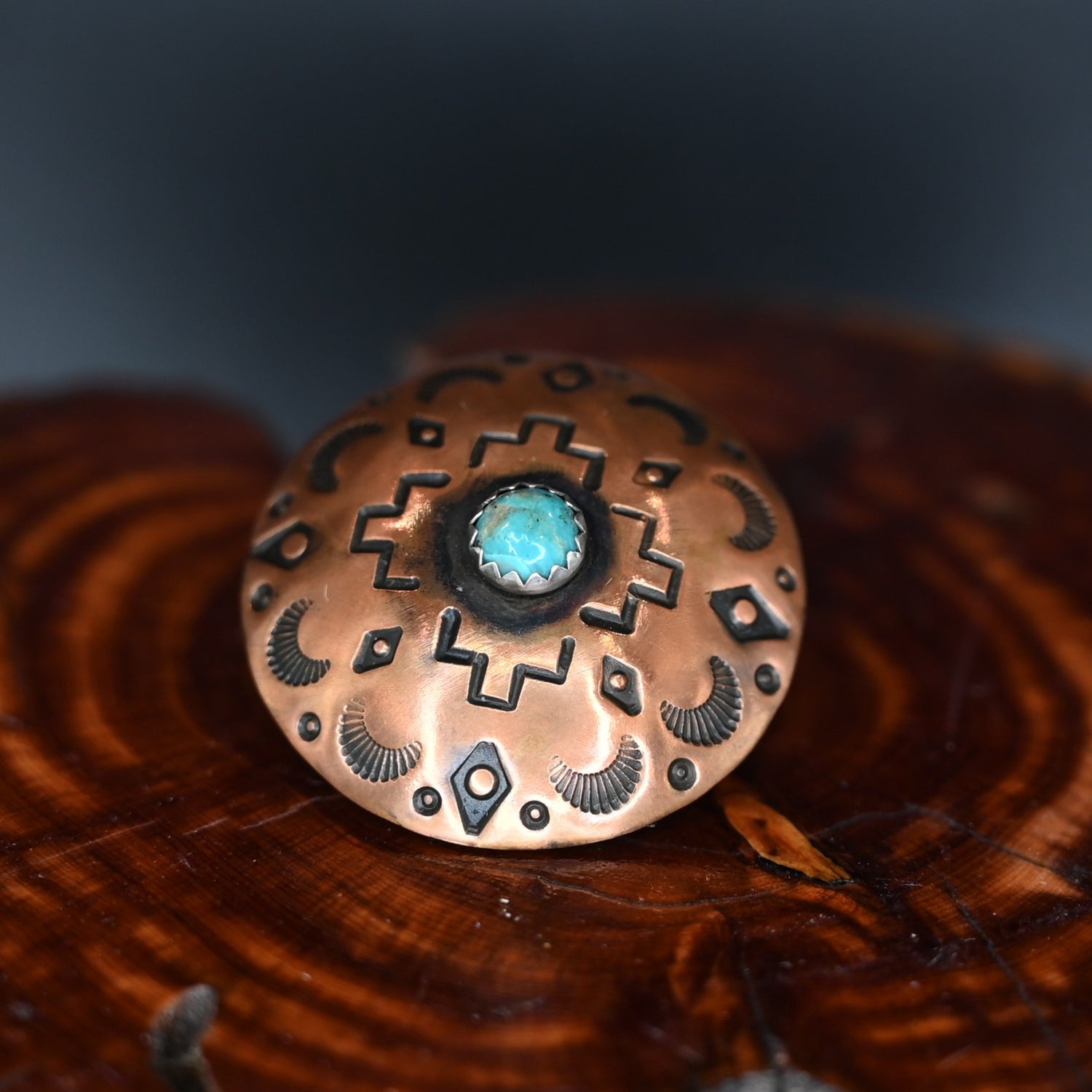 Calico Rose copper ponytail cuff with 6mm Kingman turquoise stone, handmade in Montana