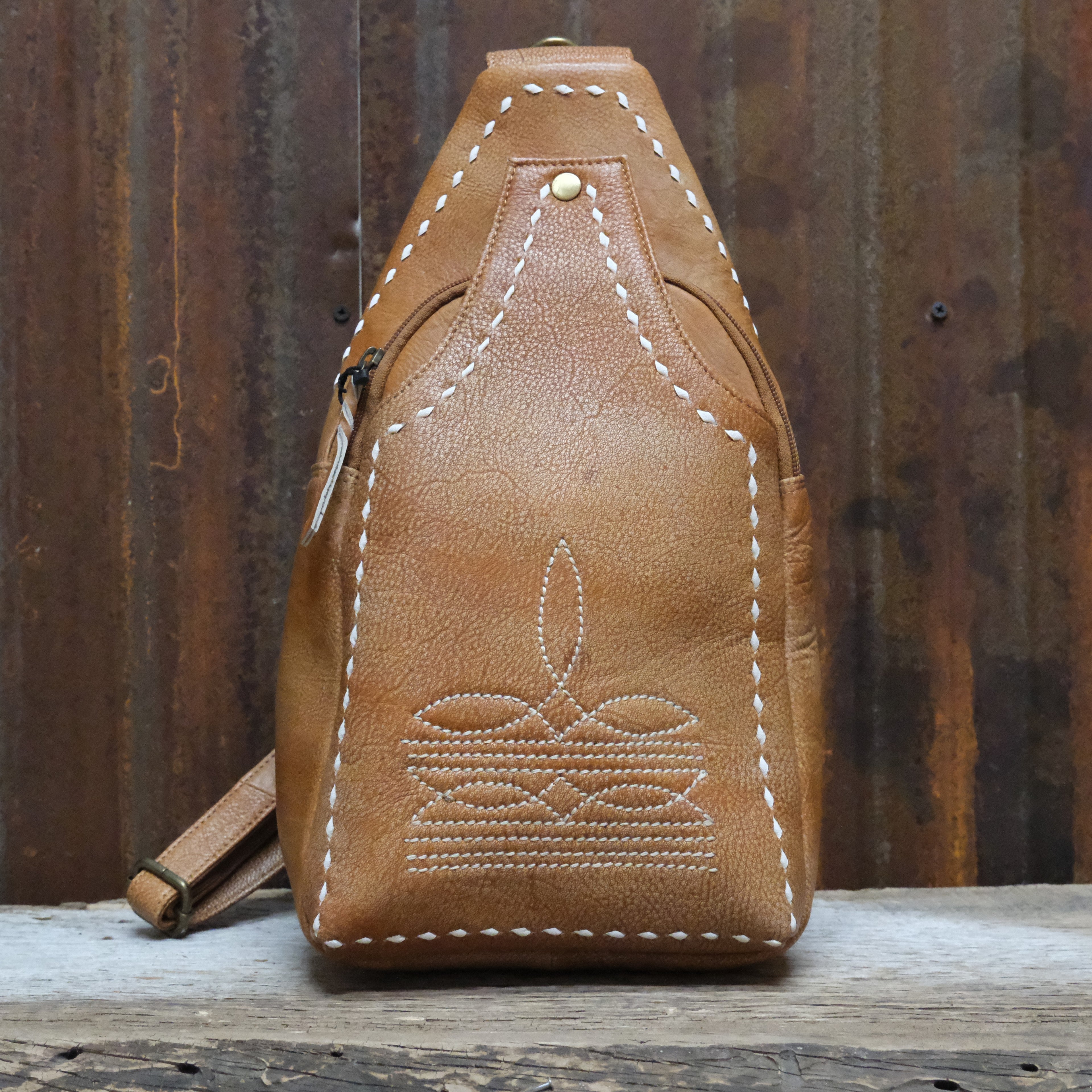 American Darling genuine leather western sling bag with white stitching and crossbody strap
