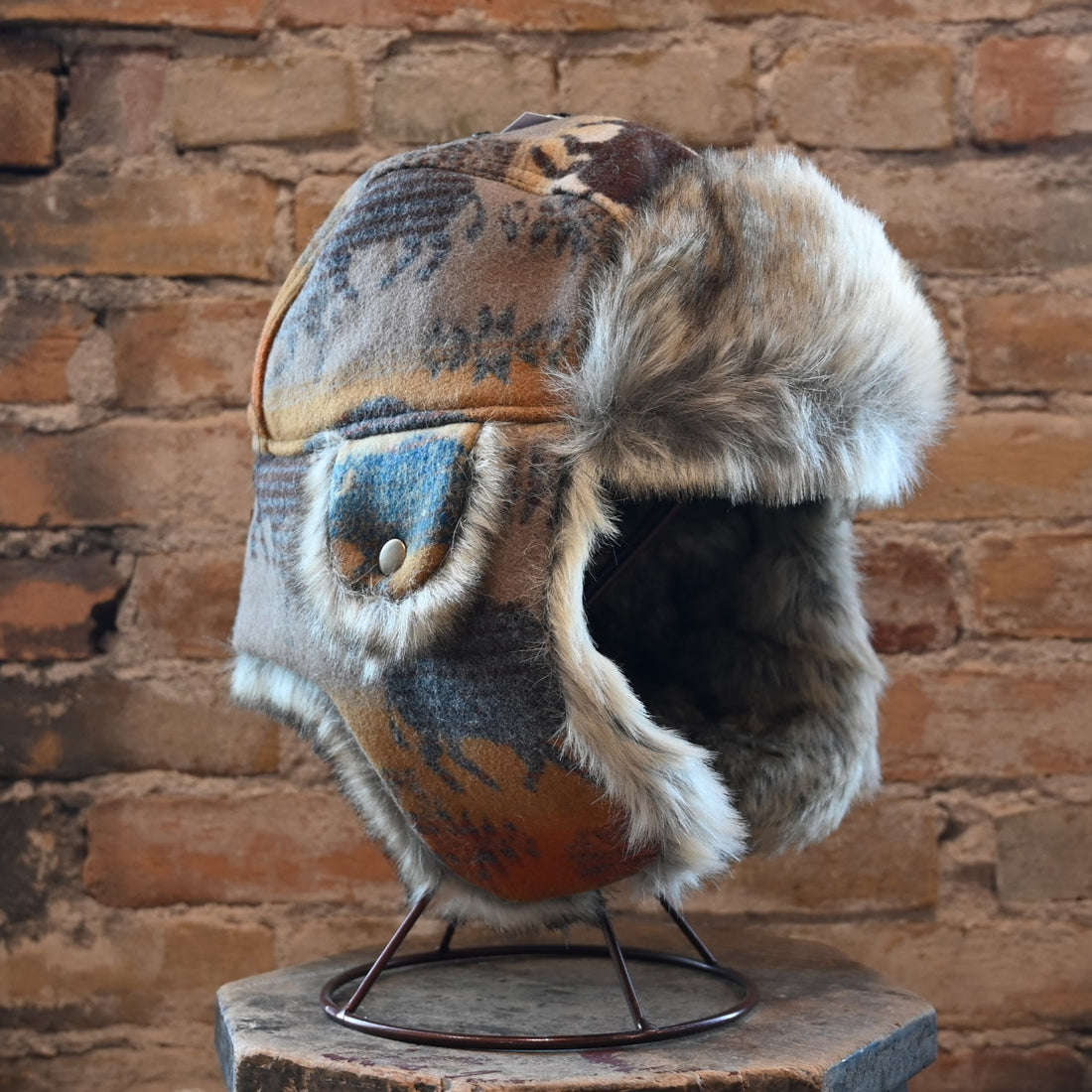 View of Pendleton Prairie Rush Hour trapper hat with wool shell and faux-fur ear flaps