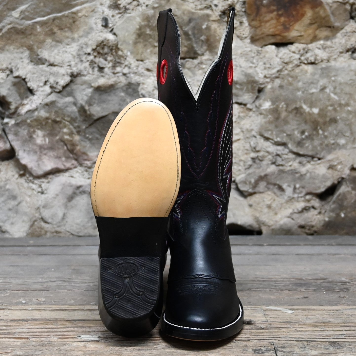 View of Hondo 14&quot; black cowboy boot in retan leather with pull holes and spur ledge