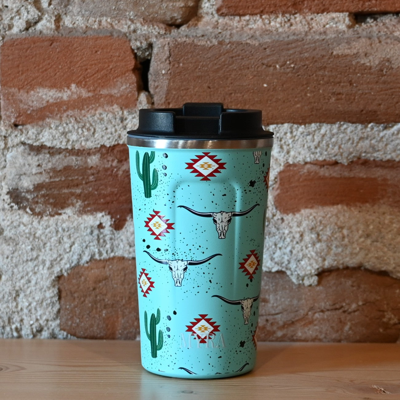 Myra Western Trail Brew stainless steel mug with cactus geometry design