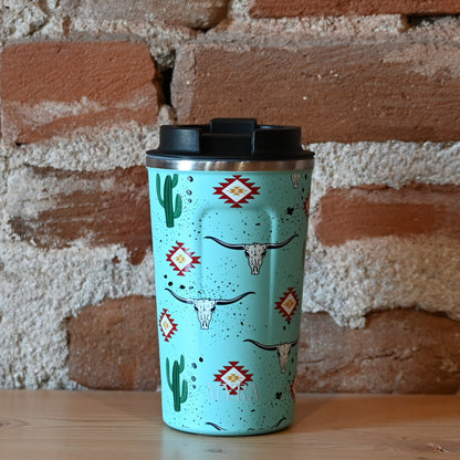 Myra Western Trail Brew stainless steel mug with cactus geometry design