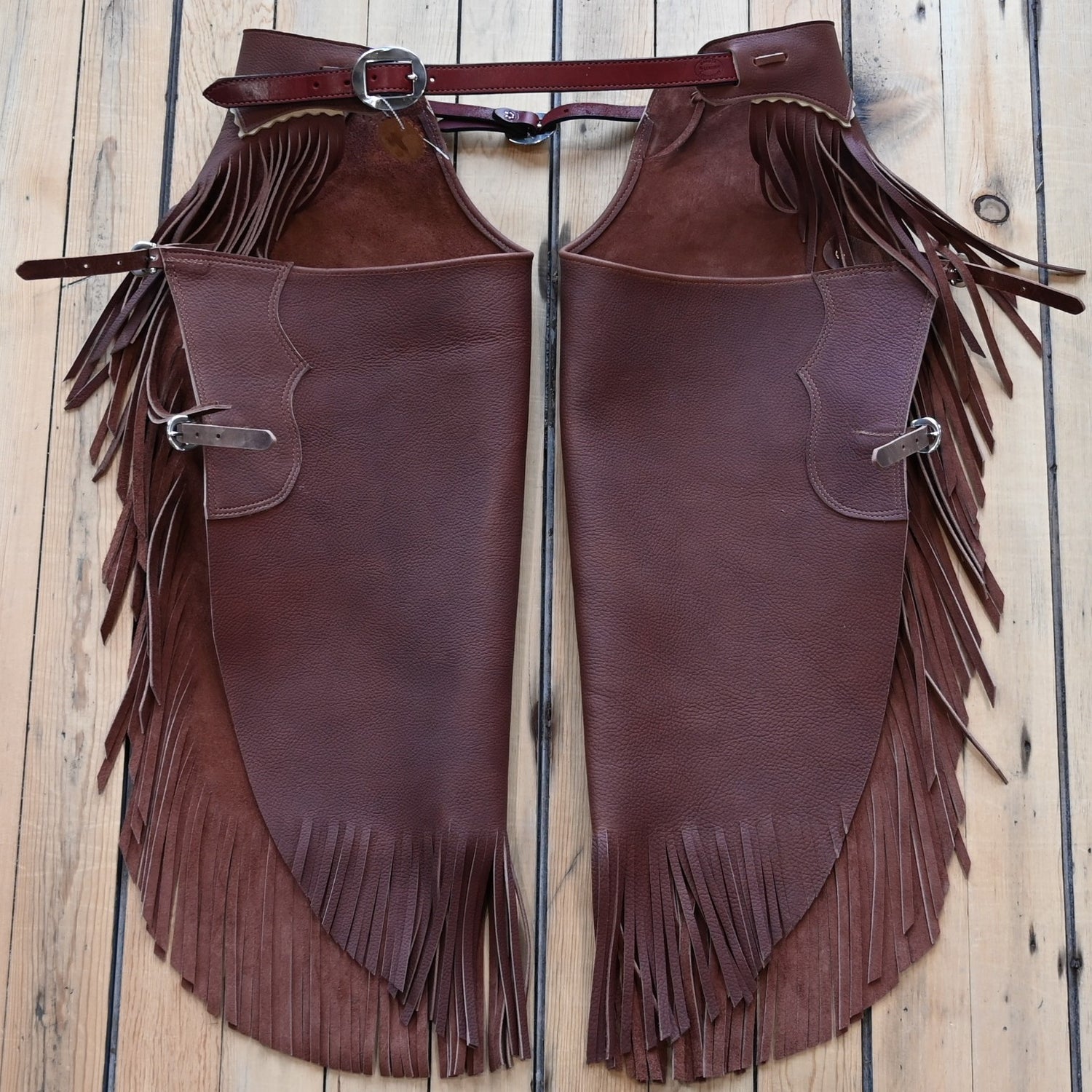 View of K Bar J Chinks with Buckles and Chap Leather Top in Size Large