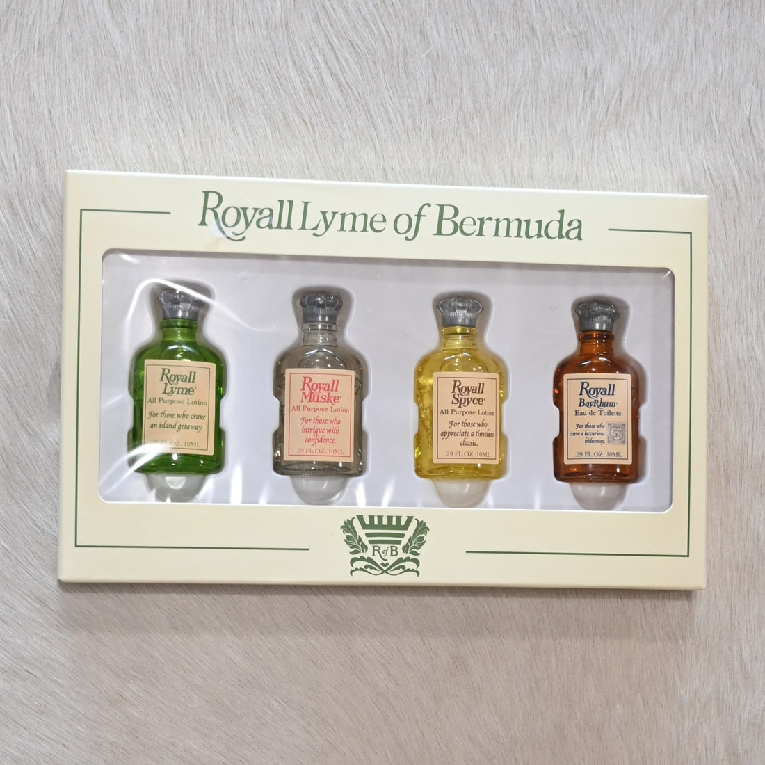Royall Heritage Collection 10 mL set featuring Lyme, Muske, Spyce, and BayRhum mini splash bottles in gift box