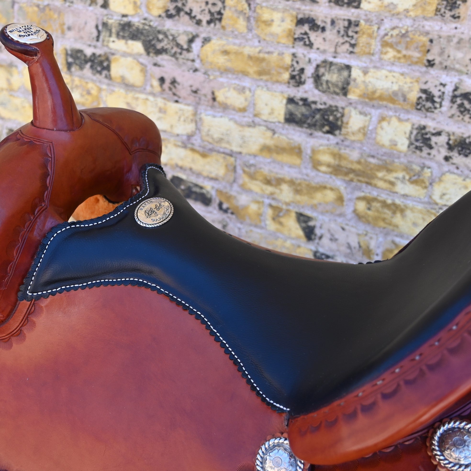 View of Billy Cook 16&quot; Russet Trail Saddle with large camouflage border tooling