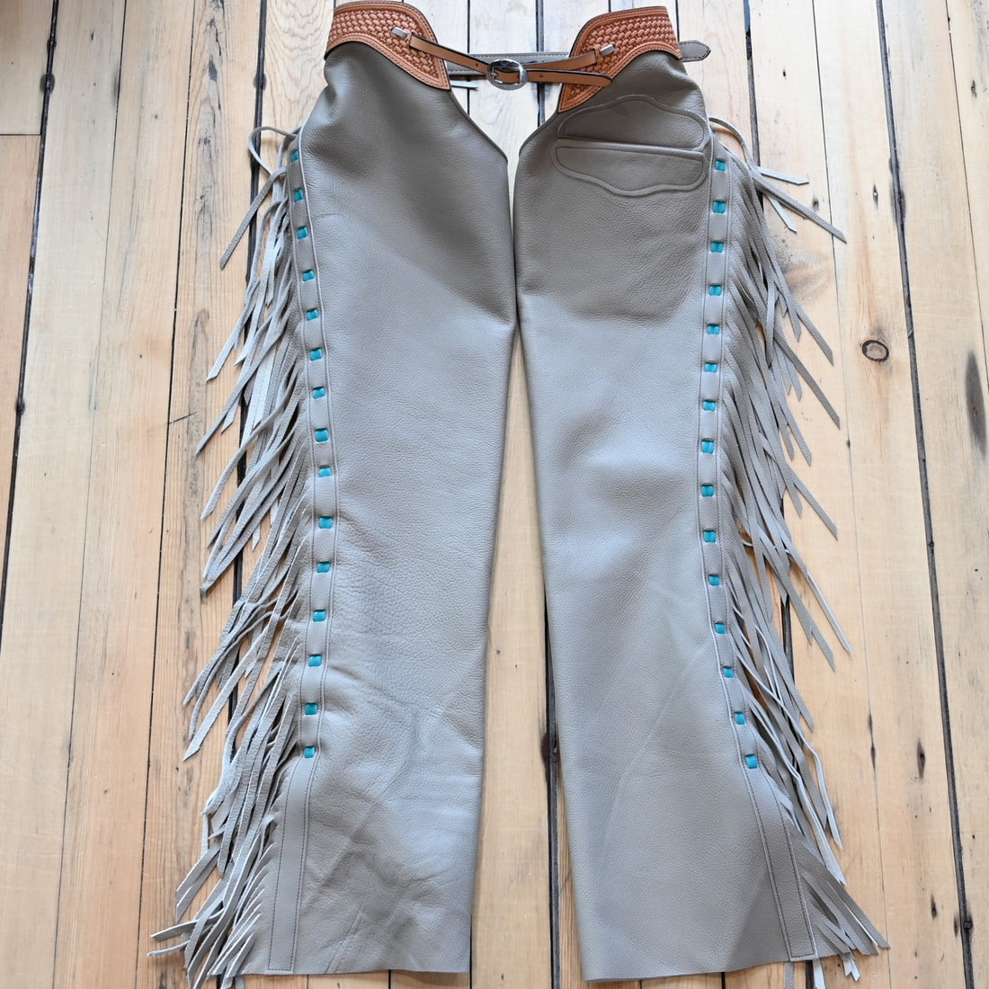 View of K Bar J Borderline Versatility Chap in Small with fringe and leather border