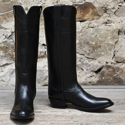 View of Stallion Ladies 16&quot; boots showcasing black French calf vamp and top with B toe and leather stacked heel