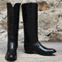 View of Stallion Ladies 16" boots showcasing black French calf vamp and top with B toe and leather stacked heel