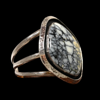 View of bracelet Rubio Enterprises Small Sterling Silver Cuff Bracelet with Chinese Turquoise
