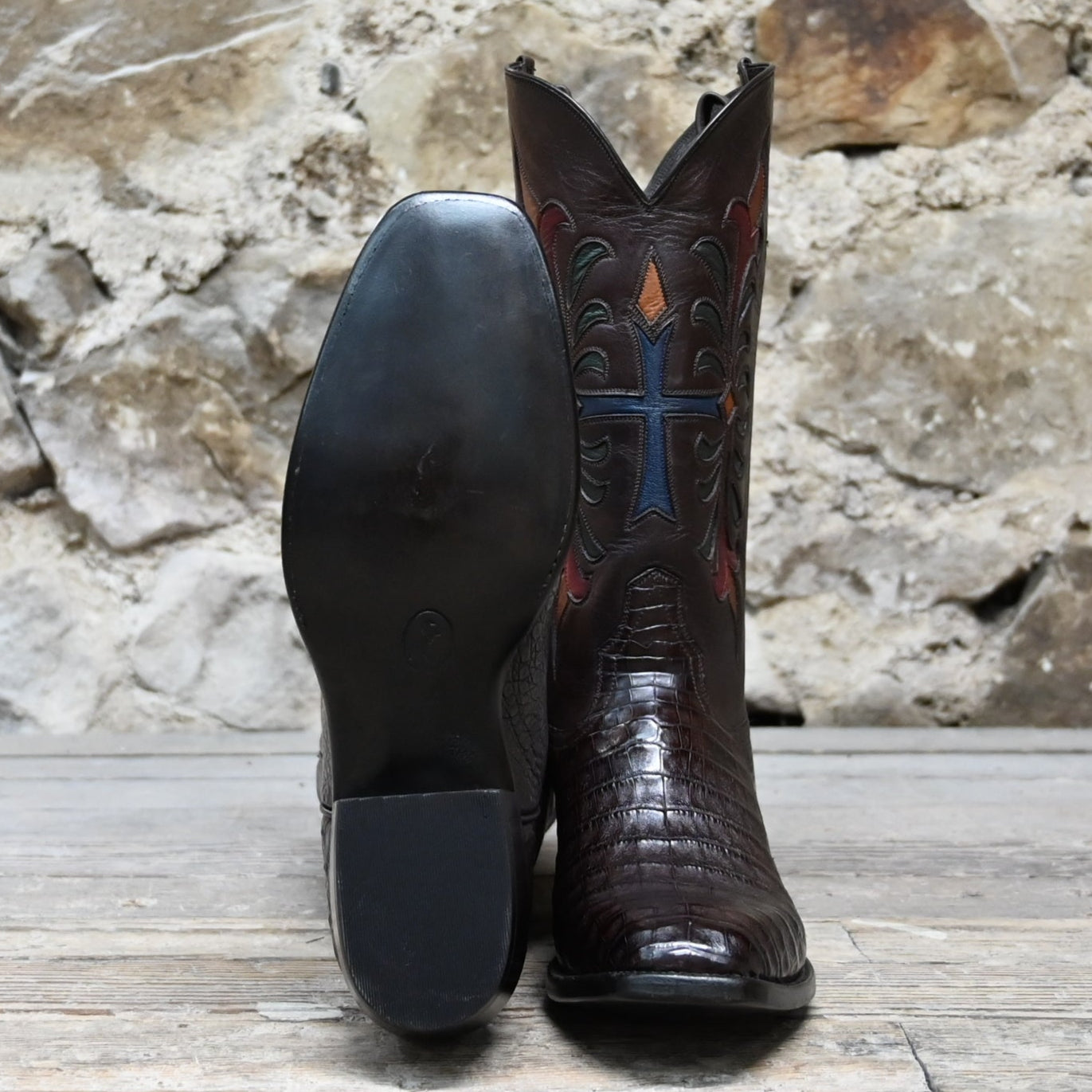 View of Stallion Men’s 13&quot; boot in chocolate calf with Fleur-de-Lis inlays, semi square toe, and Western heel