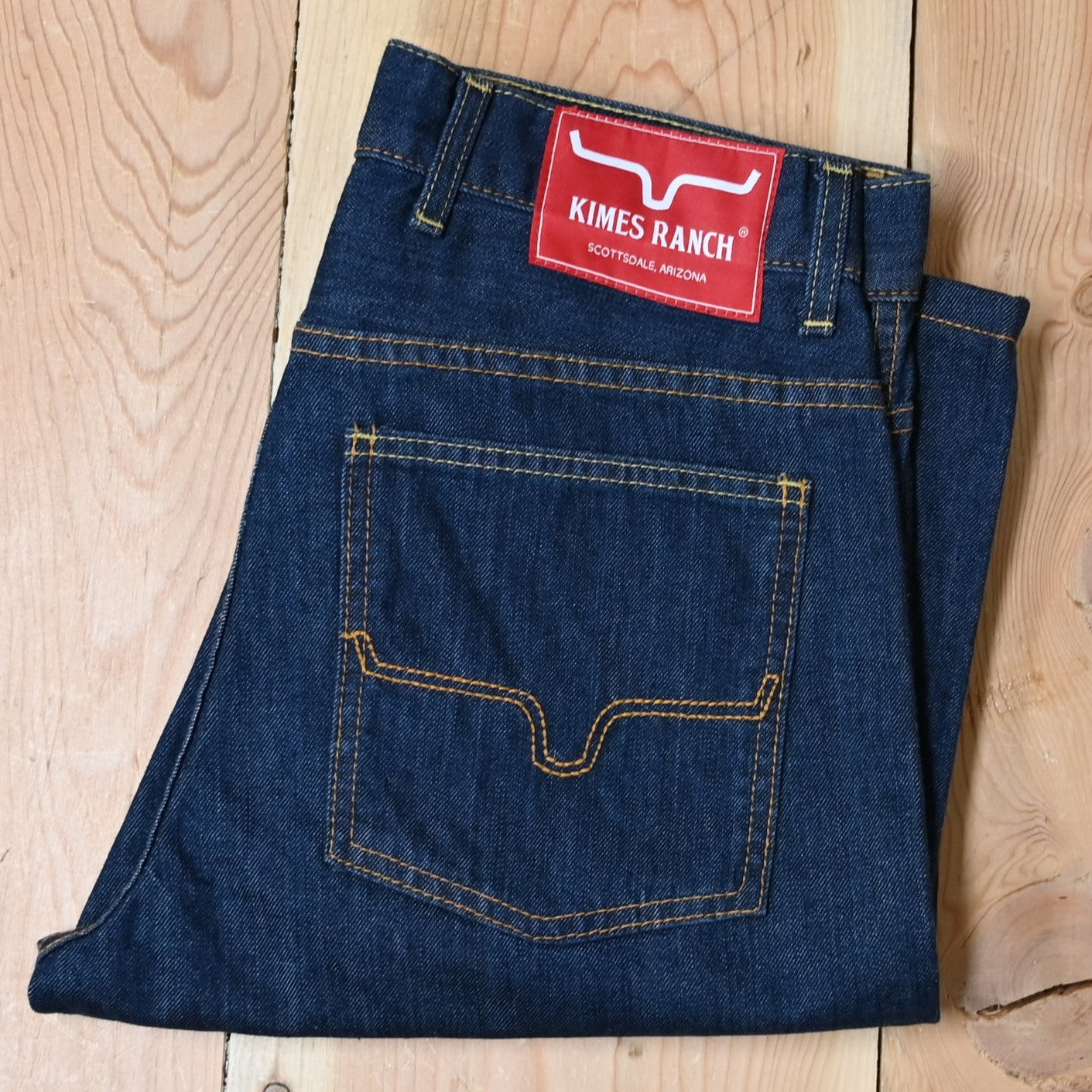View of Kimes Ranch Cal Jeans in Blue, featuring a higher rise and straight boot leg