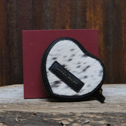 Myra black and white cowhide coin pouch with leather trim and zipper closure
