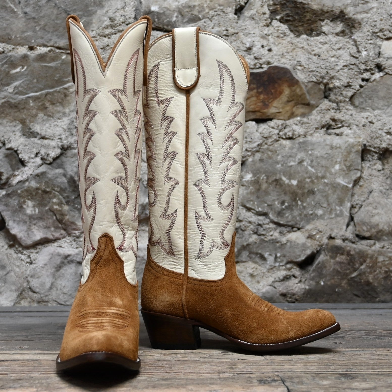 View of Macie Bean 15&quot; brown suede boot with vanilla Hotshot top, almond toe, and cowgirl heel