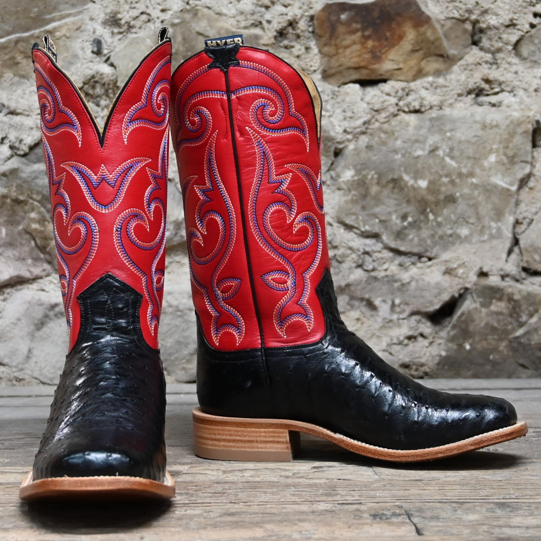 View of Hyer JETMORE 13&quot; boots showcasing black full-quill ostrich vamp and red vintage goat upper with broad square toe and Stockman block heel