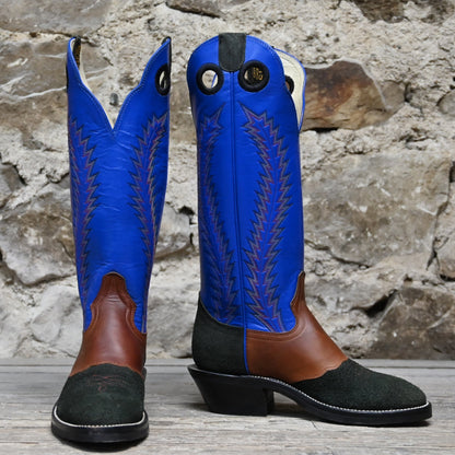 View of Hondo 16&quot; cowboy boot with royal blue top, black roughout vamp, brown overlay, and pull holes