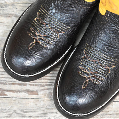 View of Hondo 13&quot; cowboy boot with yellow top, brown shoulder vamp, and wide round toe