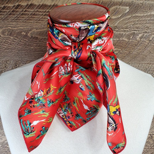 Cowboy Images Charmeuse Retro Cowboy Red Wild Rag 36x36