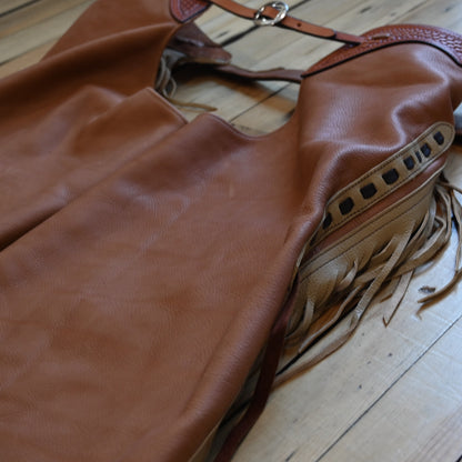 View of K Bar J Square Bottom Chinks with Fringe in Size Large