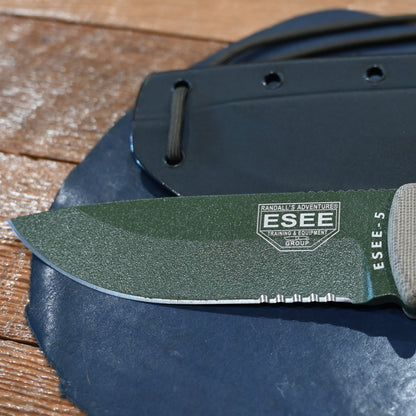 2018 ESEE-5 serrated fixed blade knife with OD green coated blade, micarta handle, and MOLLE sheath