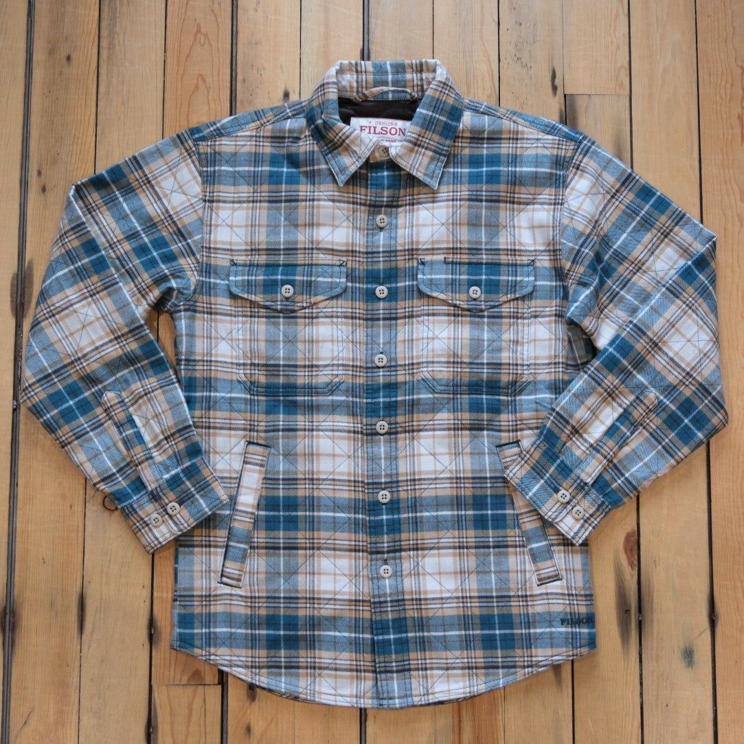 Filson Insulated Flannel Jac-Shirt in Teal and Khaki Plaid.