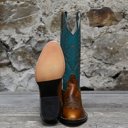 View of Hondo 14&quot; cowboy boot with turquoise top, tan waxy cowhide vamp, and tight round toe