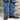 View of Hondo 16" cowboy boot with royal blue top, black retan vamp, pull holes, and spur ledge