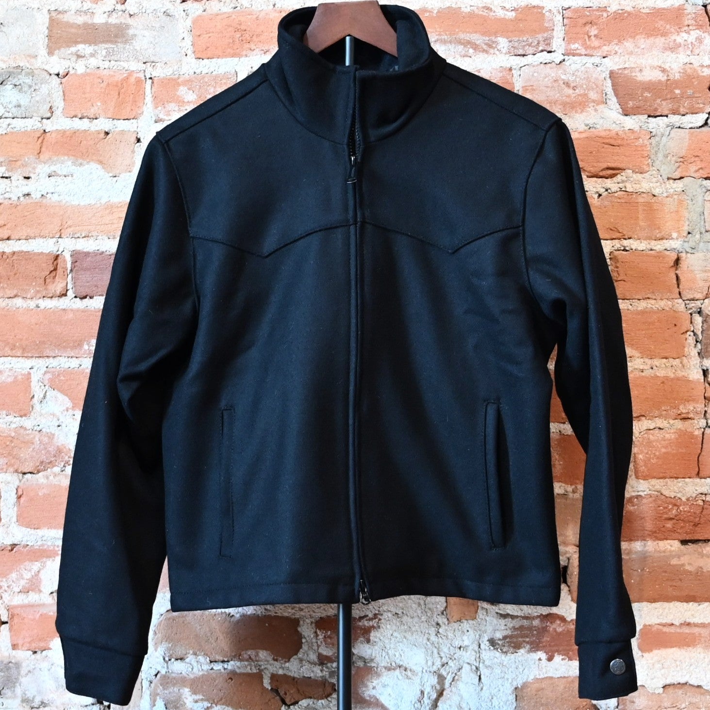 Schaefer ladies black wool arena jacket with Western yoke and two-way zipper