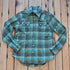 Ladies plush green and turquoise plaid flannel Western shirt with sawtooth pockets and diamond snaps