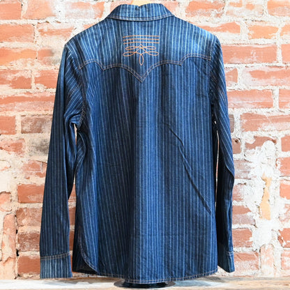 View of Double D Ranch Gunslinger Workshirt – Pinstriped denim shirt with custom concho buttons and detailed embroidery for a Western-inspired design