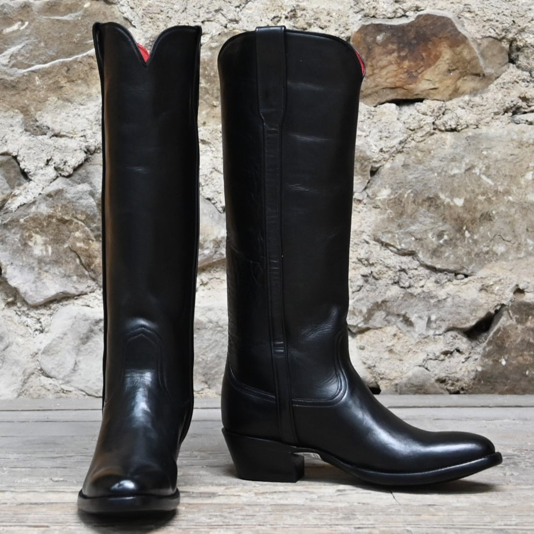 View of Stallion Ladies 16" Black European Calf English High Boot with B toe and covered piping