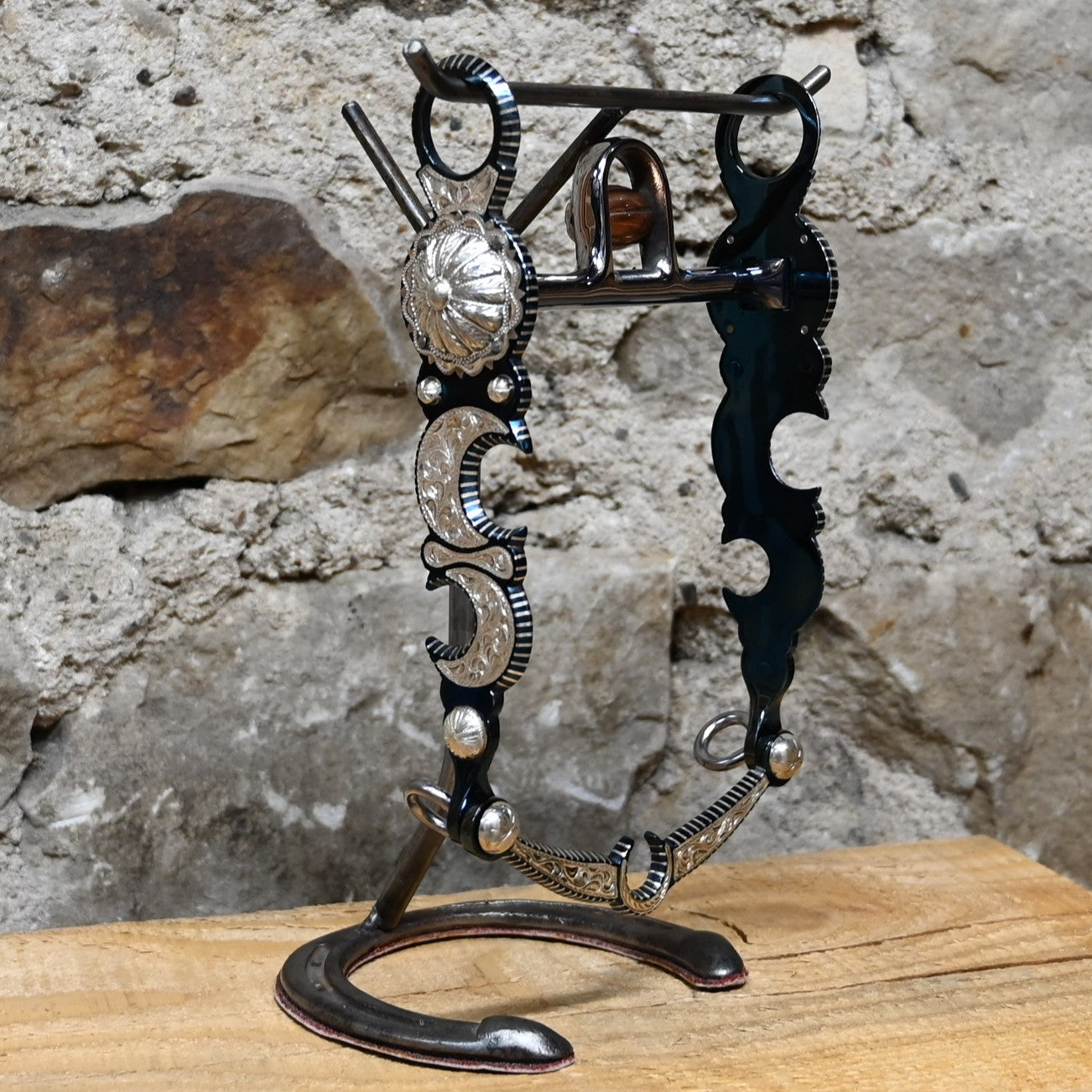 JT Silversmiths silver-inlay bit with double crescent and concho detailing on steel shank