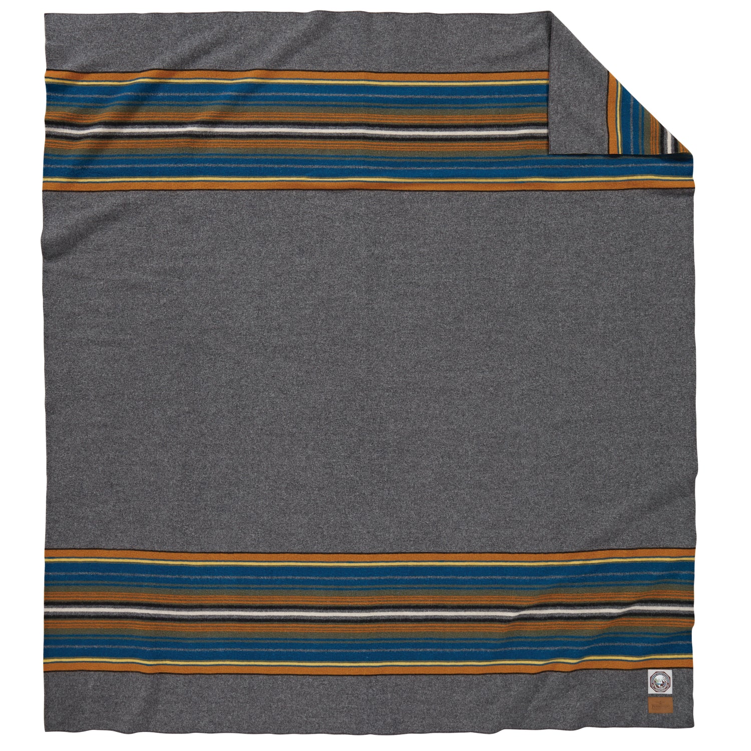 View of Pendleton Olympic Grey National Park Blanket (full size) with heather tones and park stripes