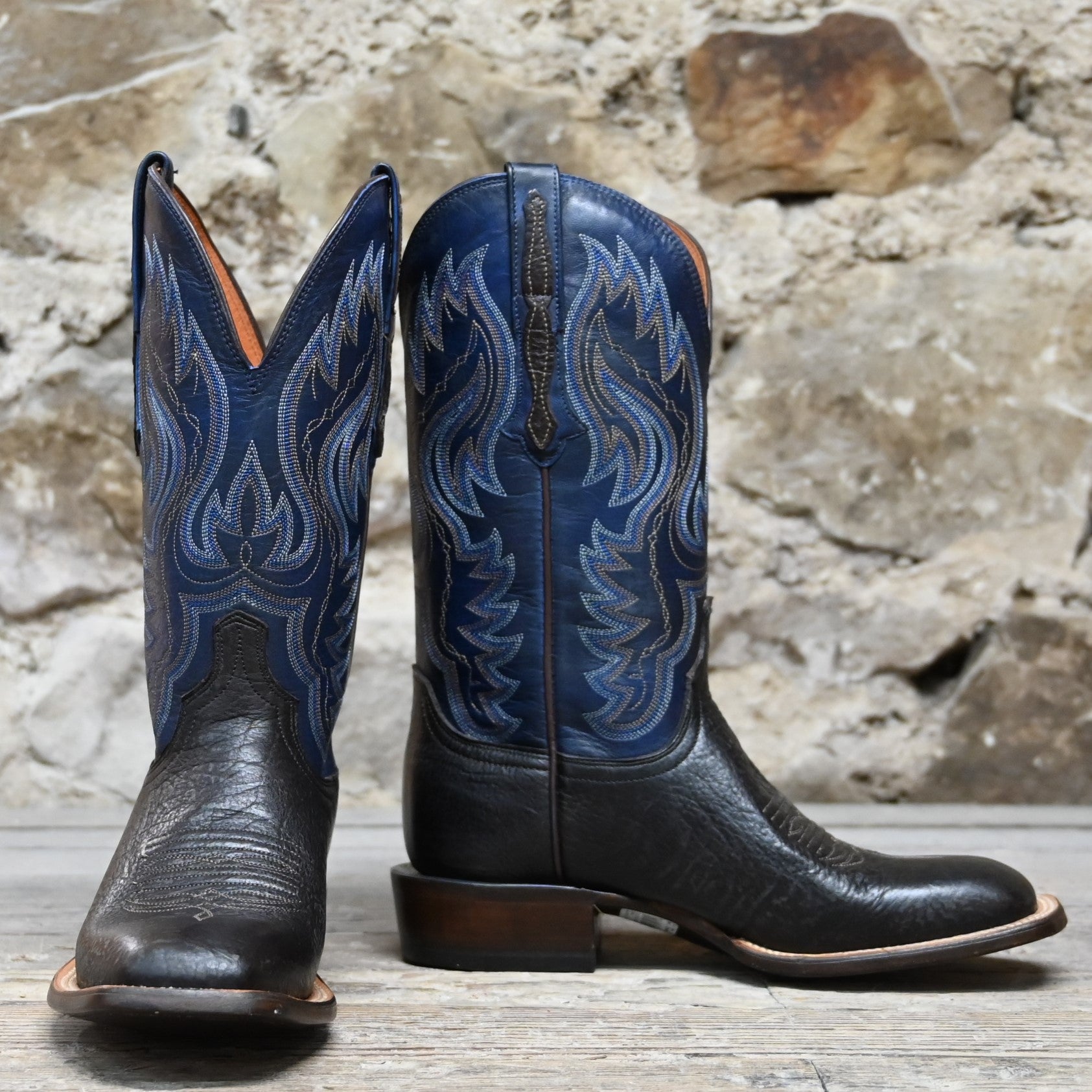 Lucchese Men’s bison leather boot in chocolate with Nova Blue accents, 11-inch shaft and square toe