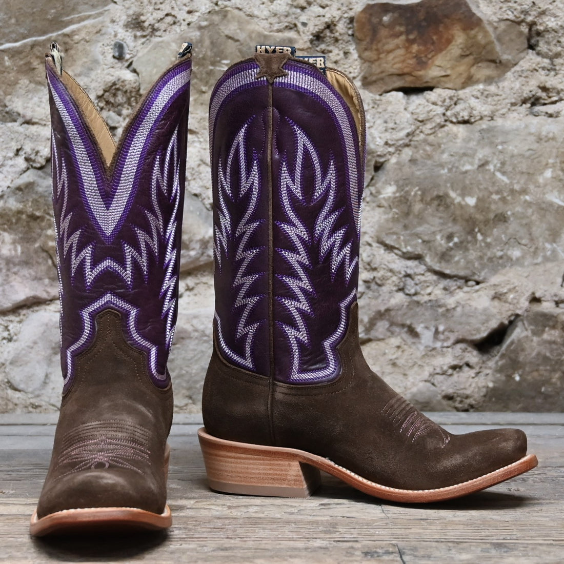 View of Hyer CULVER 13&quot; boots showcasing chestnut napped roughout leather vamp and eggplant vintage goat upper with Cutter toe and underslung heel