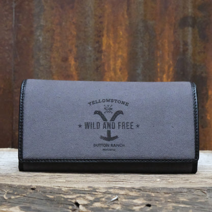 Myra Yellowstone Roverra Ash canvas sling wallet in black with leather trim and zipper closure
