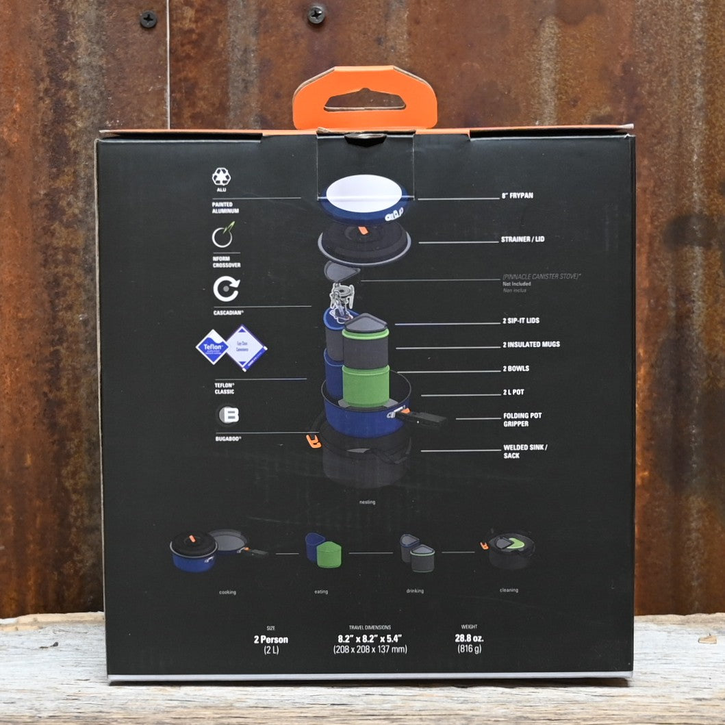 GSI Bugaboo Backpacker two-person non-stick aluminum cook set with nesting pots, fry pan, mugs, and bowls