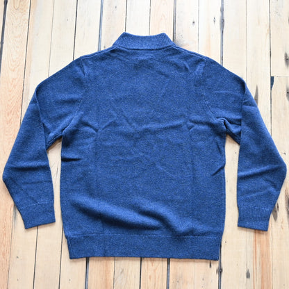 View of Pendleton men’s Shetland wool ¼ zip sweater in Dark Blue Heather with mock neck