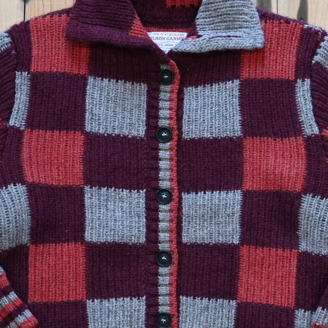 Filson ladies checkered wool cardigan in burgundy and gray check pattern