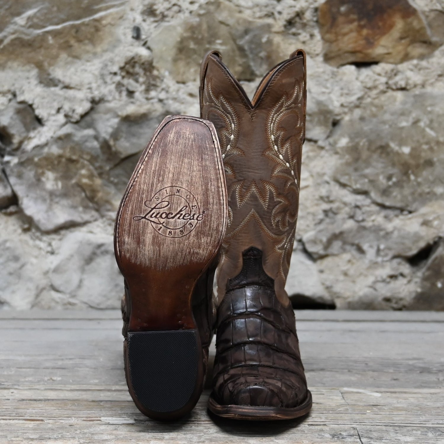 Lucchese Men’s 13-inch giant alligator leather boot in distressed chocolate with square toe and Western heel